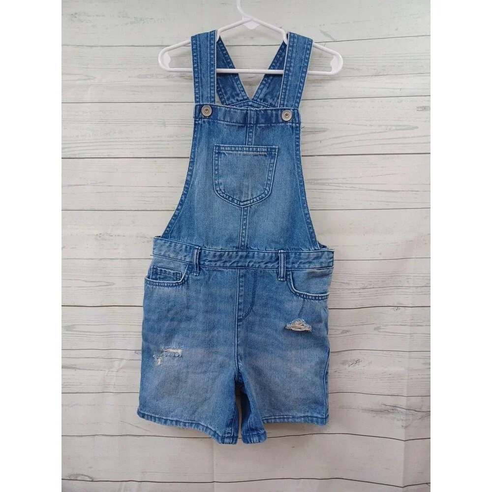 The Childrens Place Blue Denim Distressed Jean Girl Overalls Shortalls Sz 6X/7